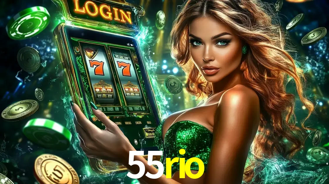 Mulher com tema verde apresentando o aplicativo do cassino 55rio com um jogo de slot de 777, cercada por fichas de cassino e uma aura de sorte.