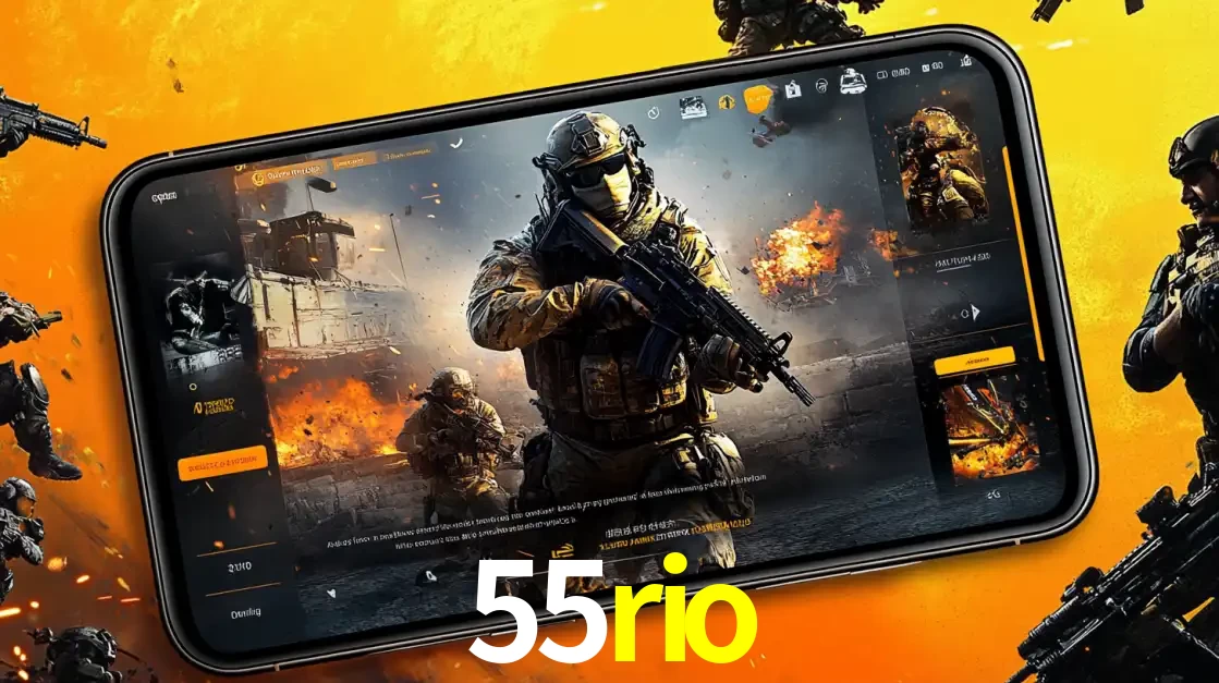 Um smartphone exibindo a interface de um jogo de tiro em primeira pessoa, com um soldado em um cenário de batalha, representando a ação dos e-sports para apostar no 55rio.