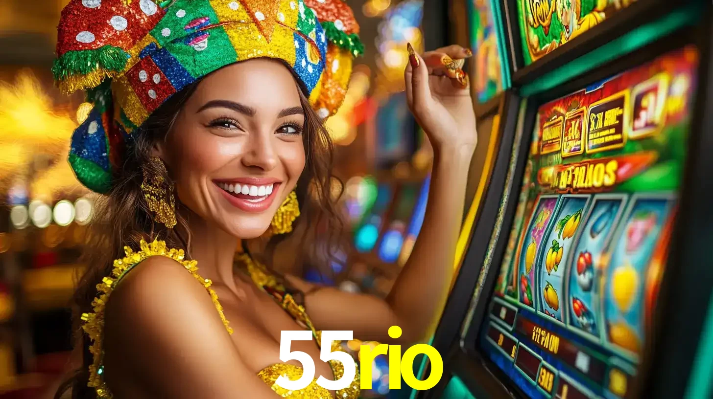 Mulher feliz com traje de carnaval amarelo e colorido ao lado de uma máquina de caça-níqueis, aproveitando a diversão e os jogos temáticos do cassino 55rio.